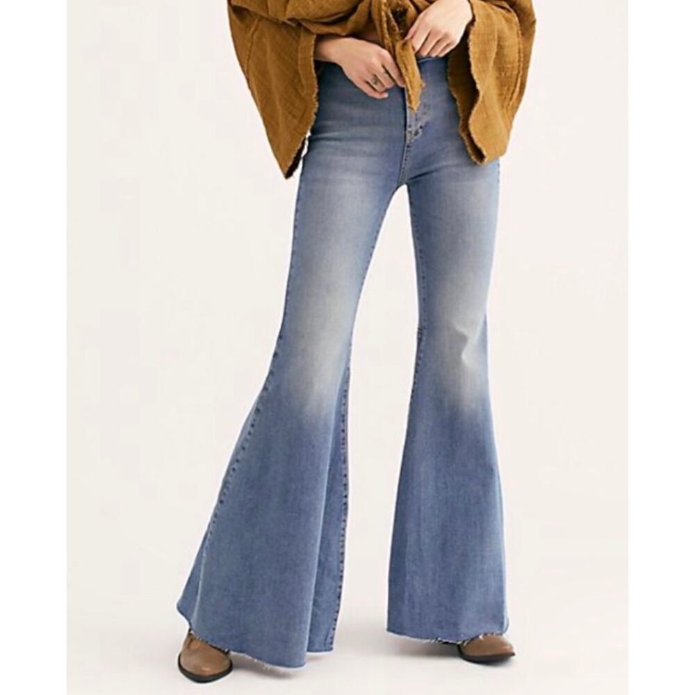 Free People Just Float On High Rise Flare Jeans W27 Light Wash Raw Hem Boho